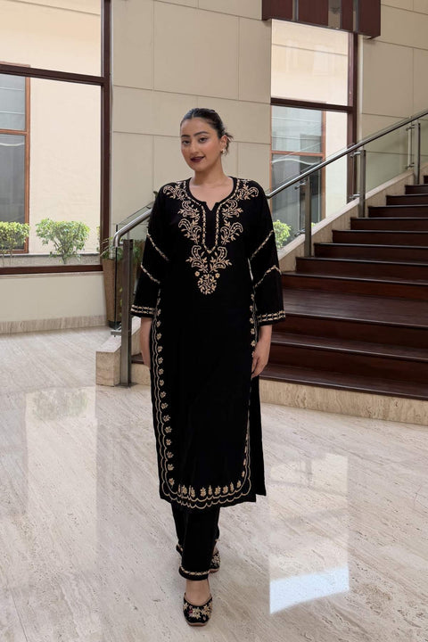 Adaah Luxury Rayon Black Chikankari Kurta Set- Gold (Set of 2)