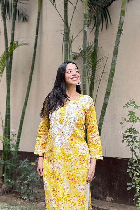 Joon Cotton Mul Printed Chikankari Kurta- Yellow
