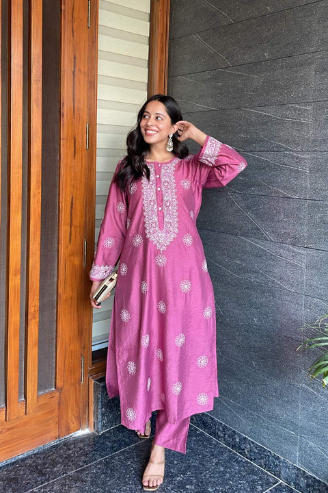 Rukhsana Chanderi Chikankari Kurta Set- Pink