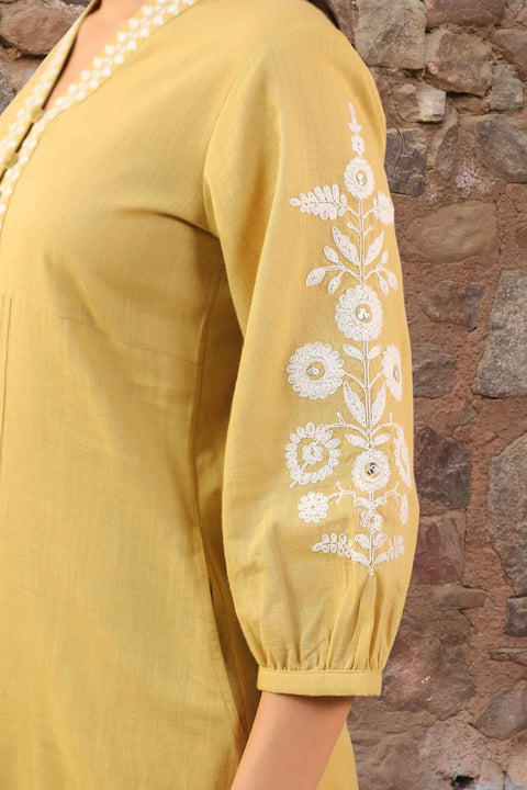 Saanjh Olive-Mustard Cotton Slub Kurta Set (Set of 2)