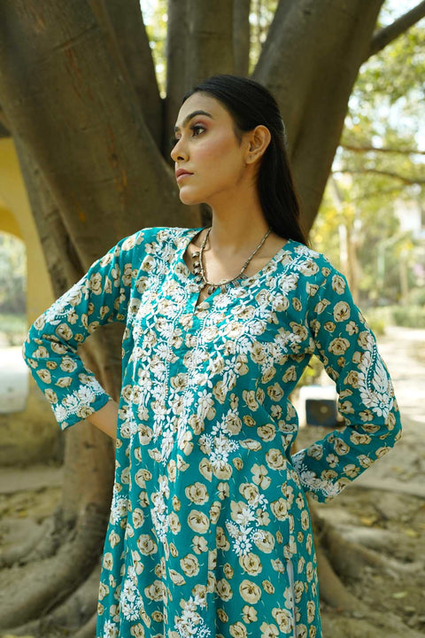 Gulaab Mul Printed Chikankar Kurta- Teal