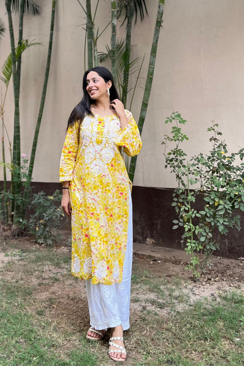 Joon Cotton Mul Printed Chikankari Kurta- Yellow