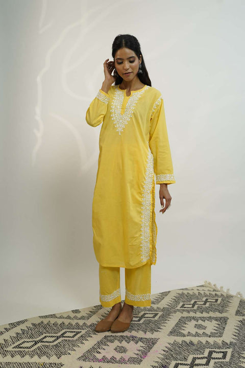 Farah Cotton Chikankari Kurta Set- Yellow (Set of 2)