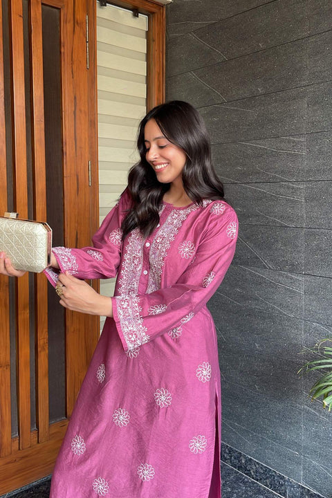 Rukhsana Chanderi Chikankari Kurta Set- Pink