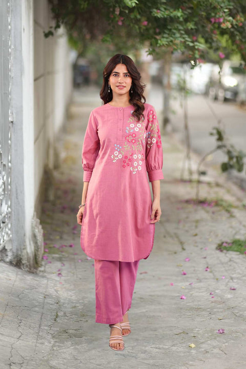 Falak Cotton Embroidered Kurta Set (Set of 2)- PINK