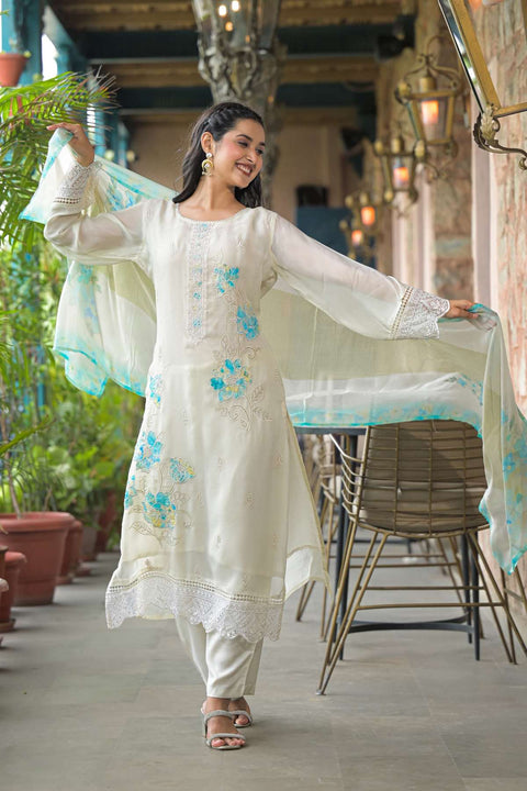Ruhani Pure Organza Suit Set with Printed Organza Dupatta (Set of 3)- WHITE