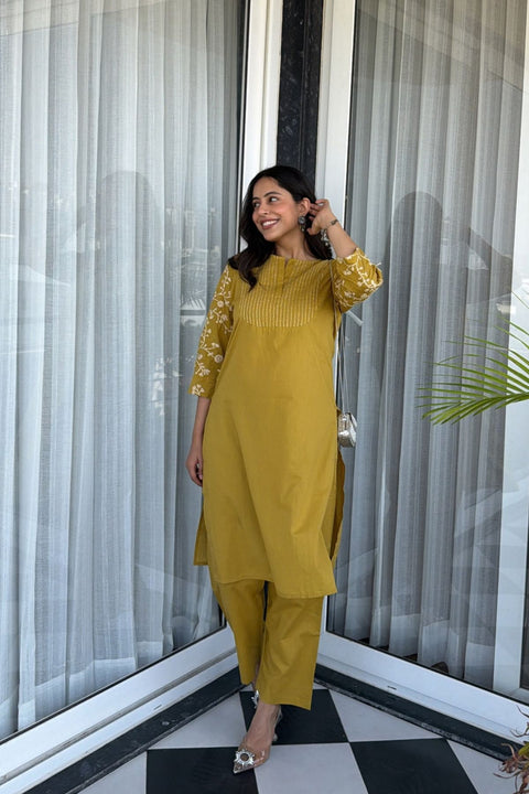 Zehra Cotton Embroidered Kurta Set (Set of 2)- MUSTARD YELLOW