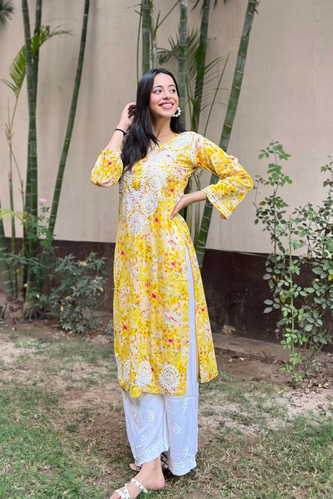 Joon Cotton Mul Printed Chikankari Kurta- Yellow