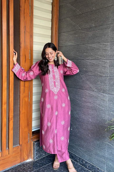 Rukhsana Chanderi Chikankari Kurta Set- Pink