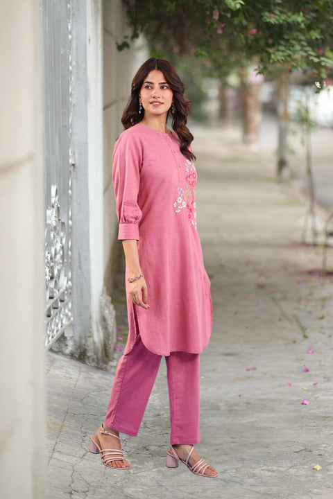 Falak Cotton Embroidered Kurta Set (Set of 2)- PINK