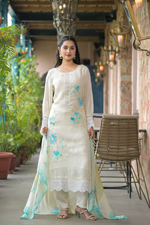 Ruhani Pure Organza Suit Set with Printed Organza Dupatta (Set of 3)- WHITE