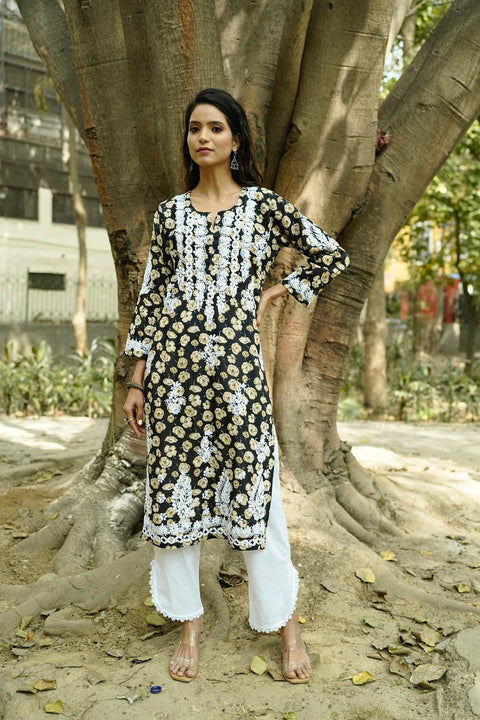 Gulaab Mul Printed Chikankar Kurta- Black