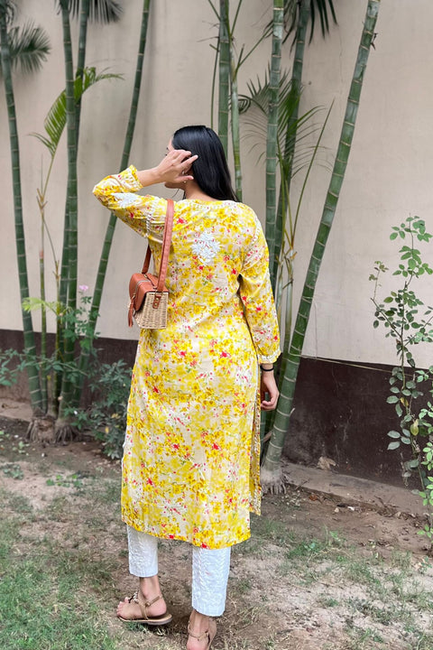 Joon Cotton Mul Printed Chikankari Kurta- Yellow