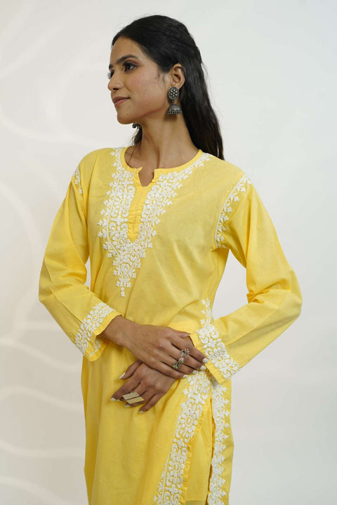 Farah Cotton Chikankari Kurta Set- Yellow (Set of 2)