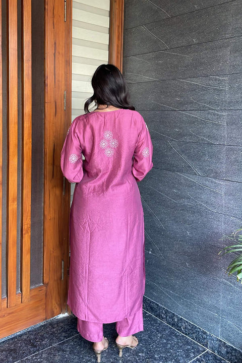 Rukhsana Chanderi Chikankari Kurta Set- Pink