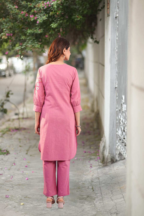 Falak Cotton Embroidered Kurta Set (Set of 2)- PINK