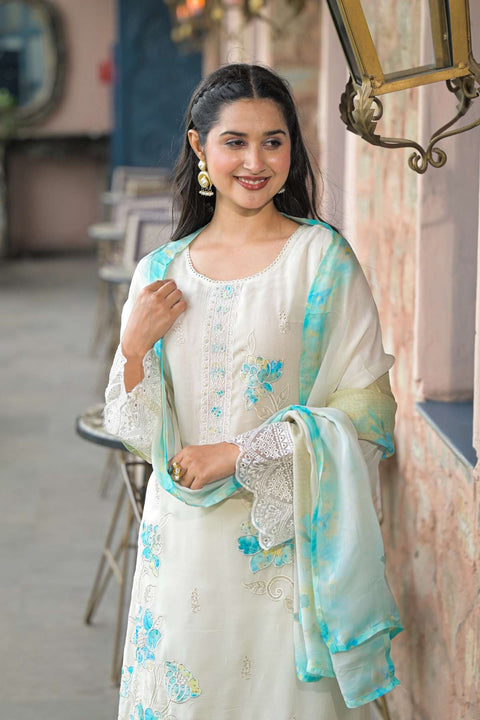 Ruhani Pure Organza Suit Set with Printed Organza Dupatta (Set of 3)- WHITE