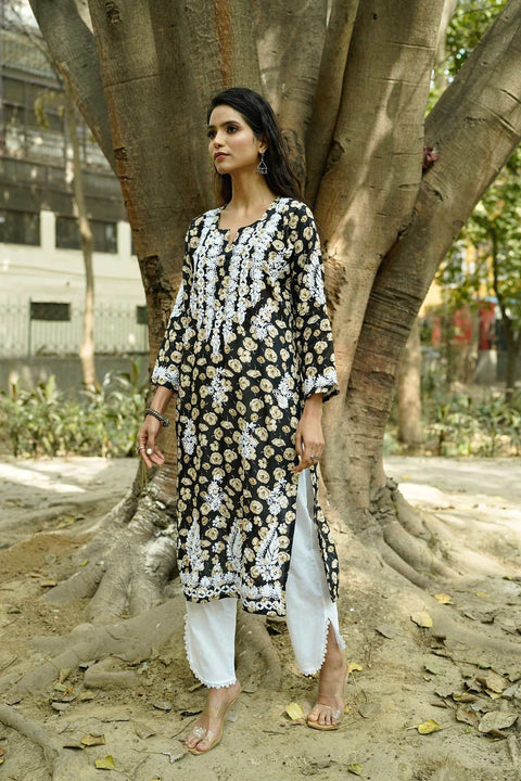 Gulaab Mul Printed Chikankar Kurta- Black