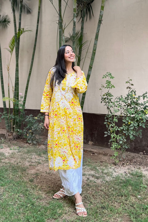 Joon Cotton Mul Printed Chikankari Kurta- Yellow