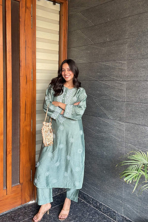 Rukhsana Chanderi Chikankari Kurta Set- Green