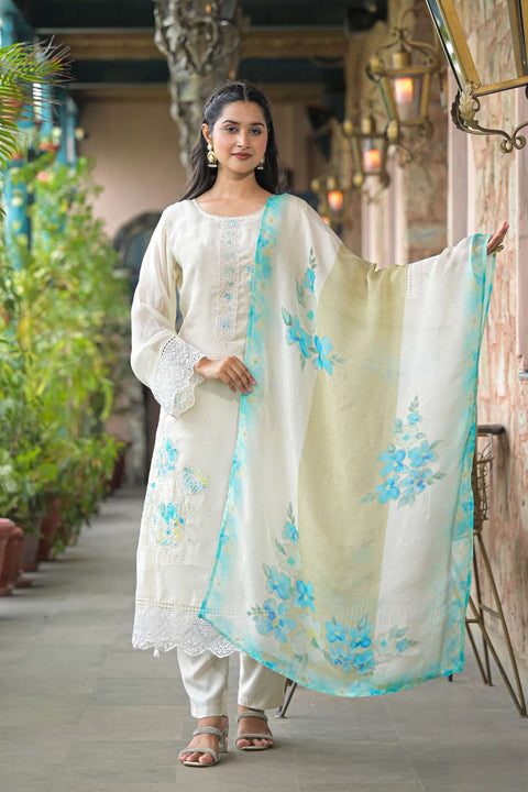 Ruhani Pure Organza Suit Set with Printed Organza Dupatta (Set of 3)- WHITE