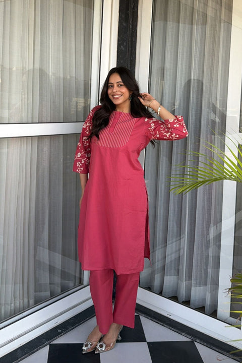 Zehra Cotton Embroidered Kurta Set (Set of 2)- CHERRY RED