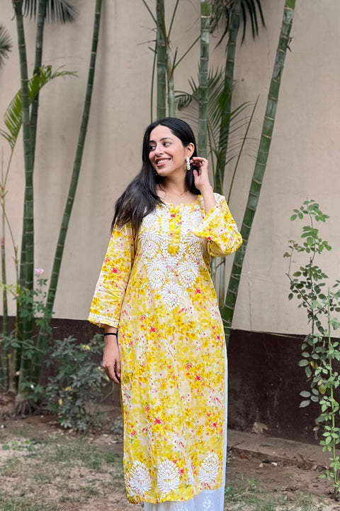 Joon Cotton Mul Printed Chikankari Kurta- Yellow