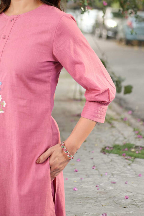 Falak Cotton Embroidered Kurta Set (Set of 2)- PINK