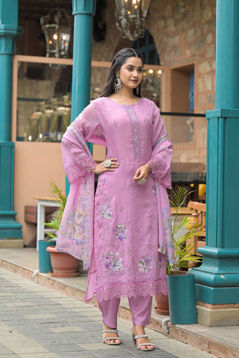 Ruhani Pure Organza Suit Set with Printed Organza Dupatta (Set of 3)- Pink