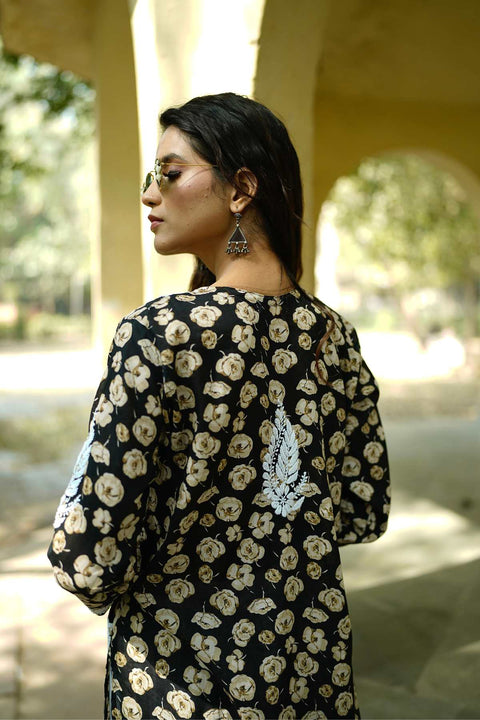 Gulaab Mul Printed Chikankar Kurta- Black