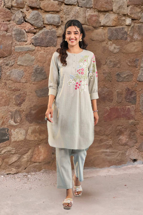 Falak Cotton Embroidered Kurta Set (Set of 2)- SAGE GREEN