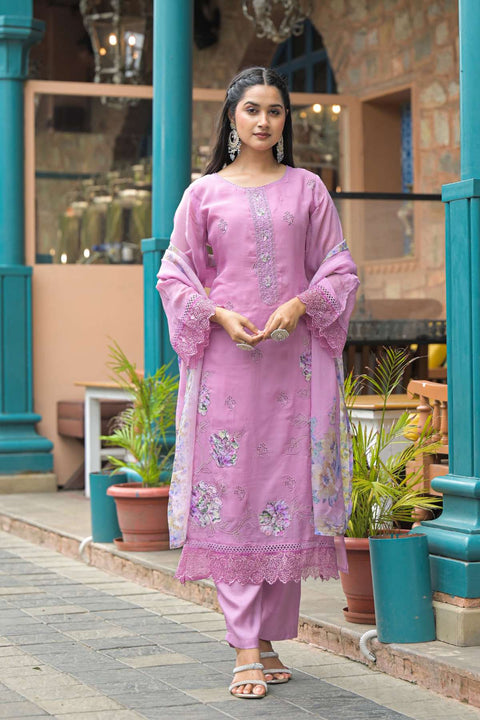 Ruhani Pure Organza Suit Set with Printed Organza Dupatta (Set of 3)- Pink