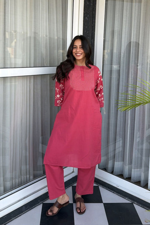 Zehra Cotton Embroidered Kurta Set (Set of 2)- CHERRY RED