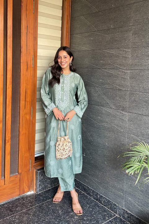 Rukhsana Chanderi Chikankari Kurta Set- Green