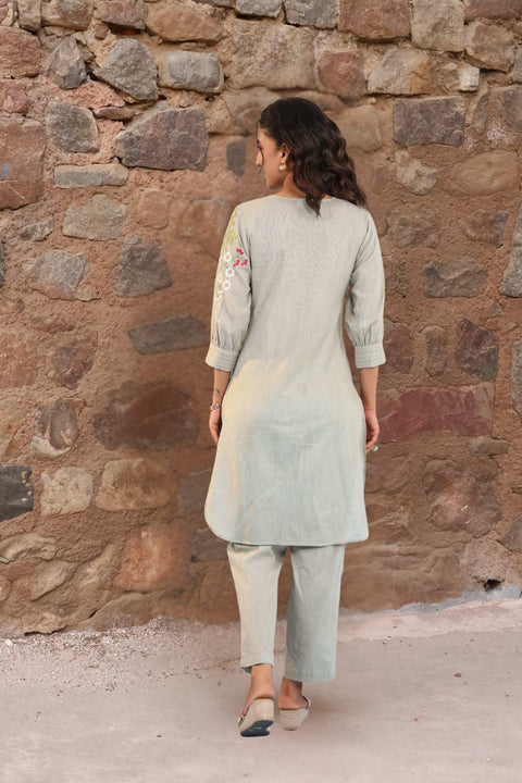 Falak Cotton Embroidered Kurta Set (Set of 2)- SAGE GREEN