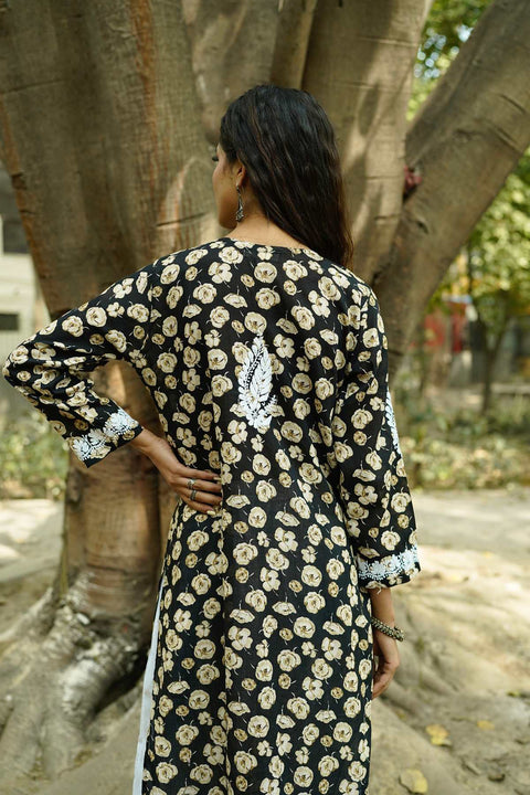 Gulaab Mul Printed Chikankar Kurta- Black