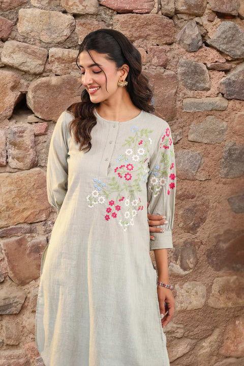 Falak Cotton Embroidered Kurta Set (Set of 2)- SAGE GREEN