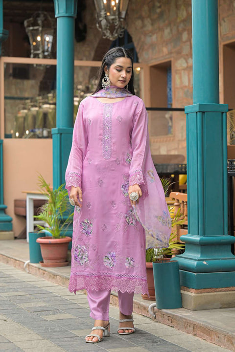 Ruhani Pure Organza Suit Set with Printed Organza Dupatta (Set of 3)- Pink