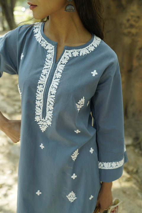 Barira Cotton Chikankar Kurta- Dark Grey