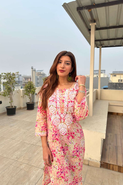 Joon Cotton Mul Printed Chikankari Kurta- Pink