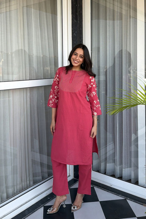 Zehra Cotton Embroidered Kurta Set (Set of 2)- CHERRY RED