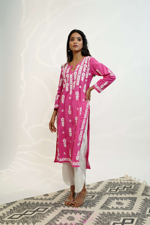 Nusrat Cotton Chikankari Kurta- Pink