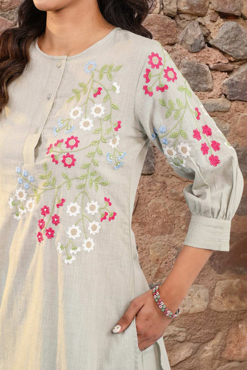 Falak Cotton Embroidered Kurta Set (Set of 2)- SAGE GREEN
