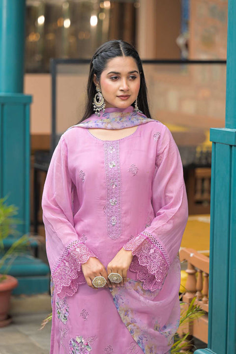 Ruhani Pure Organza Suit Set with Printed Organza Dupatta (Set of 3)- Pink