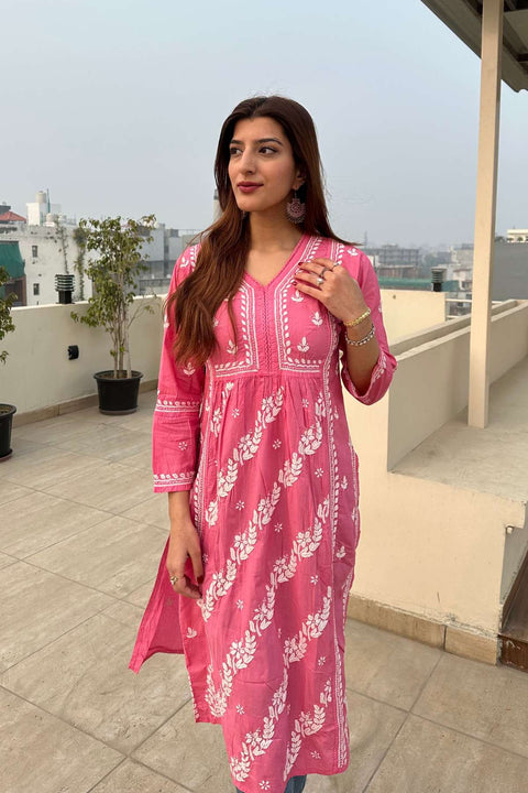 Aleena Mul Cotton Chikankari Kurta- Pink
