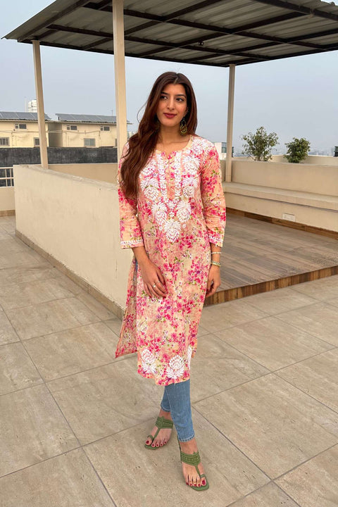 Joon Cotton Mul Printed Chikankari Kurta- Pink