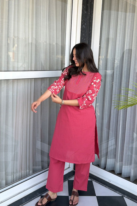 Zehra Cotton Embroidered Kurta Set (Set of 2)- CHERRY RED