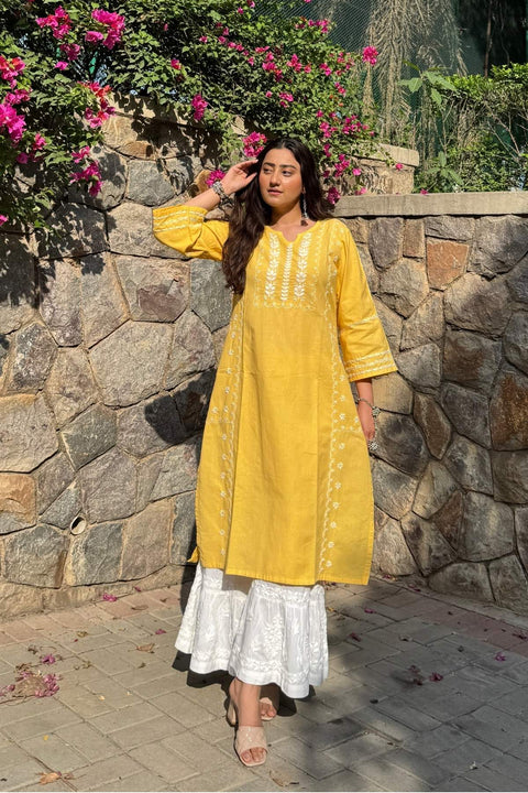 Fidaah Pure Linen Chikankari A-line Kurta- Yellow