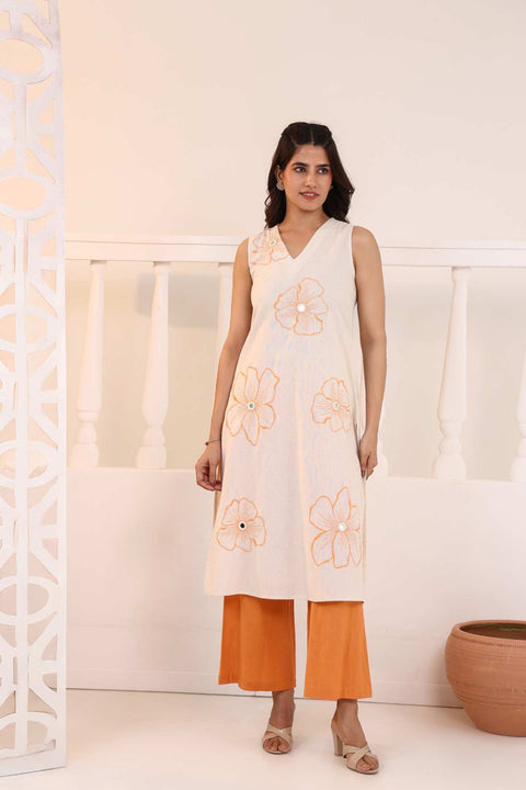 Fiza Orange Cotton Flex Floral-Embroidered Suit Set (Set of 3)