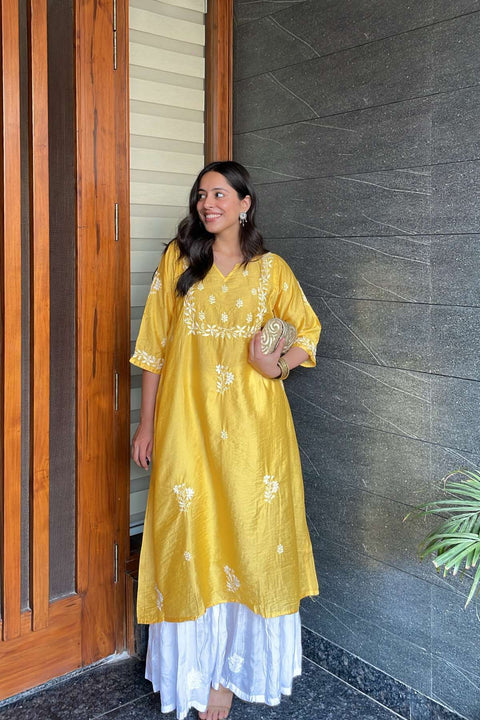Maira Chanderi Chikankari A-line Kurta- Yellow